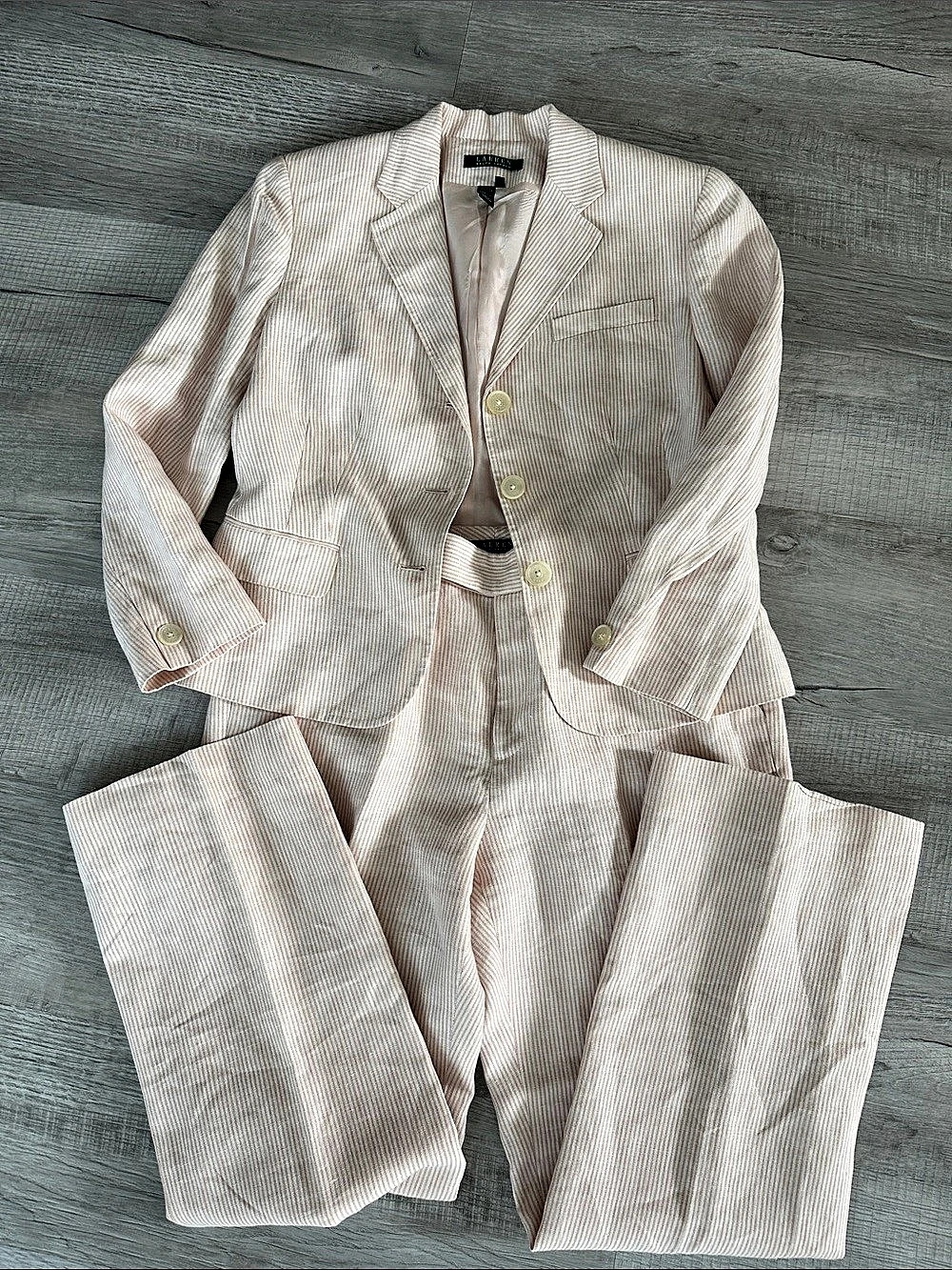 Lauren Ralph Lauren Striped Linen Suit Set Size 10 Like New Pink white pinstripe